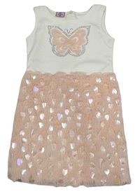 Bílo-růžové šaty s motýlem s kamínky a chlupatou sukní se srdíčky