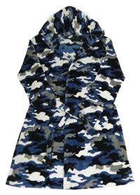 Tmavomodro-černo-šedý army chlupatý župan s kapucí