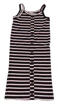 Černo-bílo-tmavorůžové pruhované žebrované elastické šaty s knoflíky River Island