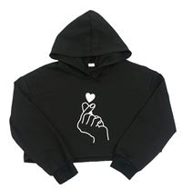 Černá crop mikina s potiskem a kapucí Shein