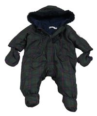 Tmavozeleno-tmavomodrá kostkovaná zateplená kombinéza s kapucí + rukavice M&Co.