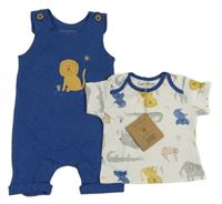 Nové - 2 set - bílé tričko s obrázky + tmavomodré laclové kraťasy s lvem 