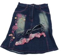 Tmavomodrá riflová sukně s výšivkami a volánkem 