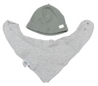 2 set - šedý melírovaný slinták + khaki žebrovaná čepice s nášivkou 