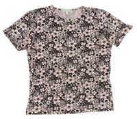 Růžovo-antracitové květované tričko