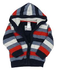 Modro-červeno-bílý pruhovaný zateplený propínací svetr s kapucí C&A