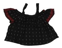 Černo-bílo-vínový vzorovaný crop top s holými rameny New Look