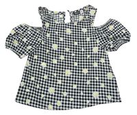 Černo-bílé kostkované květované crop tričko s volnými rameny Pep&Co