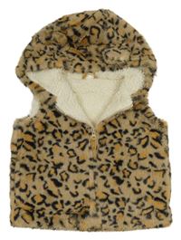 Béžovo-černá kožešinová zateplená vesta s leopardím vzorem a kapucí Next