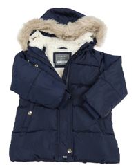 Tmavomodrá šusťáková zimní bunda s kapucí s kožešinou Primark