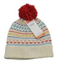 Nové - Béžovo-barevná vzorovaná čepice s bambulí M&S