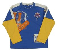 Modro-hořčicovo-oranžové mikinotriko s nápisy 