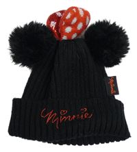 Černo-červená čepice s bambulemi a mašlí - Minnie George
