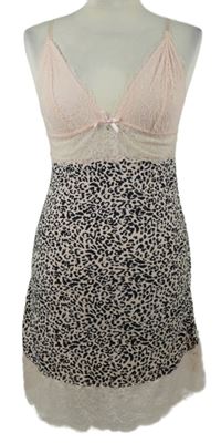 Dámská světlerůžovo-černá vzorovaná noční košile s krajkou 