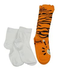 2x ponožky bílé+ oranžové teplé s tygrem