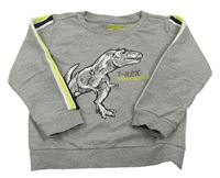 Šedá mikina s dinosaurem a pruhy na rukávech