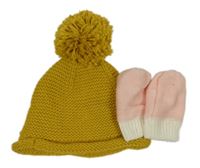 2Set - Hořčicová čepice s bambulí + bílo-růžové rukavice 