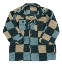 Petrolejovo-světlemodro-béžová kostkovaná huňatá bunda So Cute 
