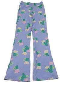 Lila žebrované flare legíny s kytičkami zn.Hema