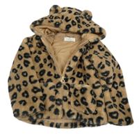 Hnědo-černá leopardí kožešinová podšitá bunda s kapucí H&M