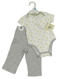 3set - Bílé body s dinosaury + šedé tepláky + bryndák Little Me