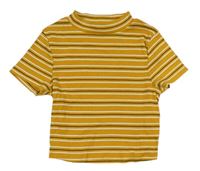Okrovo-černo-bílé proužkované žebrované crop tričko New Look 