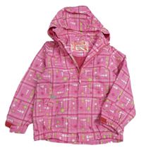 Růžovo-bílá kostkovaná šusťáková jarní bunda s puntíky a kapucí 