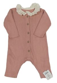 Nové - Růžový žebrovaný pletený overal s límečkem George 