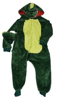 Kostým - Tmavomodro-limetková chlupatá kombinéza s kapucí - dinosaurus 