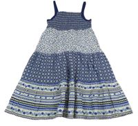 Tmavomodro-bílé vzorované plátěné žabičkové šaty Yigga