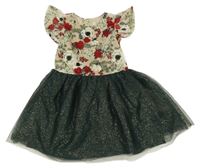 Béžovo-tmavozelené plyšovo/tylové šaty s květy Miss Mona Mouse