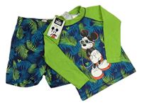 2Set - Tmavomodro-zelené UV triko s Mickey a listy + plážové kraťasy zn. Disney