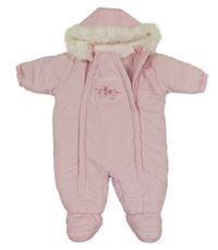 Světlerůžová šusťáková zimní kombinéza s kapsou s růžemi a kapucí s kožešinou Ladybird