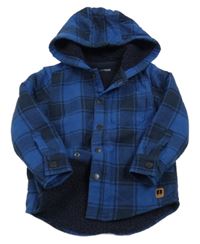 Safírovo-tmavomodrá kostkovaná vzorovaná zateplená košilová bunda s kapucí Next