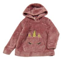 Starorůžová plyšová mikina s jednorožcem/kapsou a kapucí