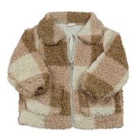 Smetanovo-světlehnědo-hnědá kostkovaná huňatá podšitá bunda s límečkem H&M