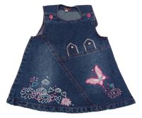 Modré riflové šaty s motýlkem a srdíčky a květy a kamínky