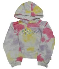 Bílo-žluto-fialovo-tmavorůžová batikovaná crop mikina s metalickým nápisem a kapucí in extenso