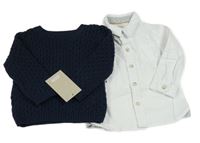 Nové - 2Set - Tmavomodrý žebrovaný/vzorovaný svetr + bílá košile mamas&papas