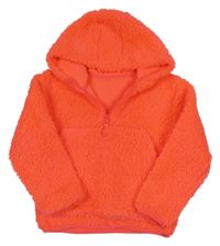 Křiklavě korálová huňatá mikina s kapsou a kapucí St. Bernard