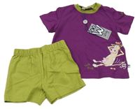 Nové - 2Set - Purpurovo-olivové tričko s kravičkou + kraťasy little Woody