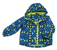 Modro-černo-limetková kostkovaná šusťáková lyžařská bunda s kapucí Lupilu