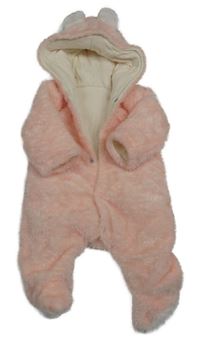 Růžová chlupatá zateplená kombinéza s kapucí s oušky