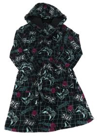 Černý kostkovaný chlupatý župan s ovladači a kapucí George