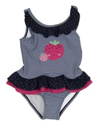 Tmavomodro-bílé pruhované jednodílné plavky s jahodami Topolino