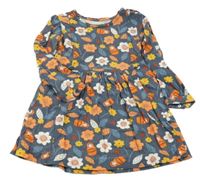 Tmavomodré květované lehké šaty s matrjoškami Vertbaudet