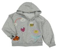 Šedá melírovaná propínací mikina s obrázky a kapucí Tu