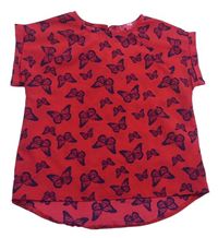 Červeno-tmavomodré šifonové tričko s motýlky Yd.