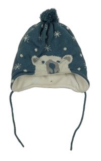Modrá pletená čepice s medvědem a bambulí 