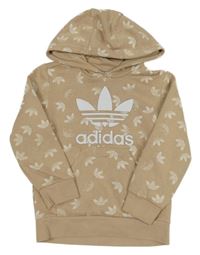 Béžová vzorovaná mikina s logem a kapucí Adidas